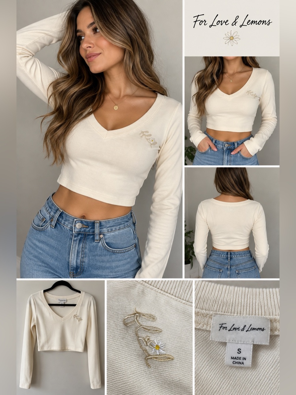 For Love & Lemons Cream Cropped V-Neck Long Sleeve Top S